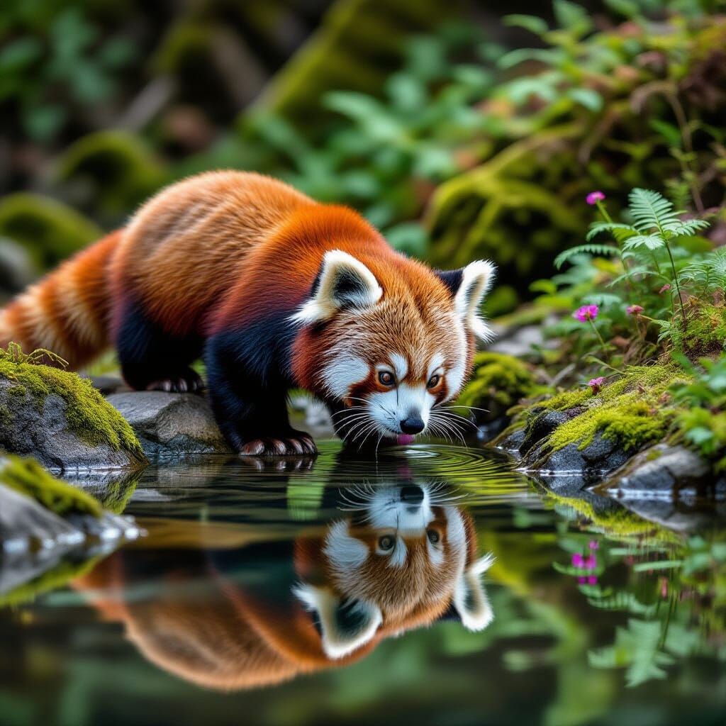 Red Panda Drinks From Mountain Stream - Ultra Realistic Wild...