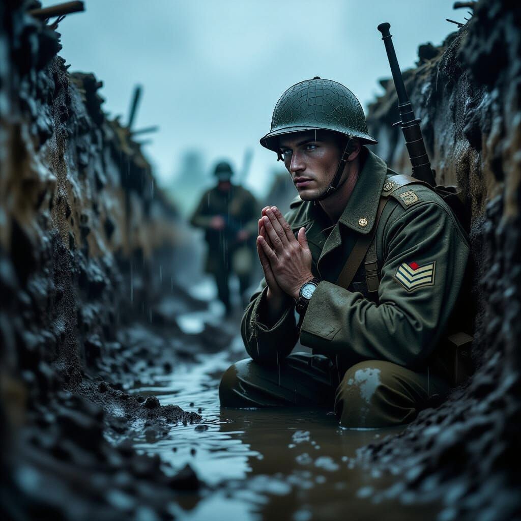 Soldier thanking his imaginary friend for saving his life