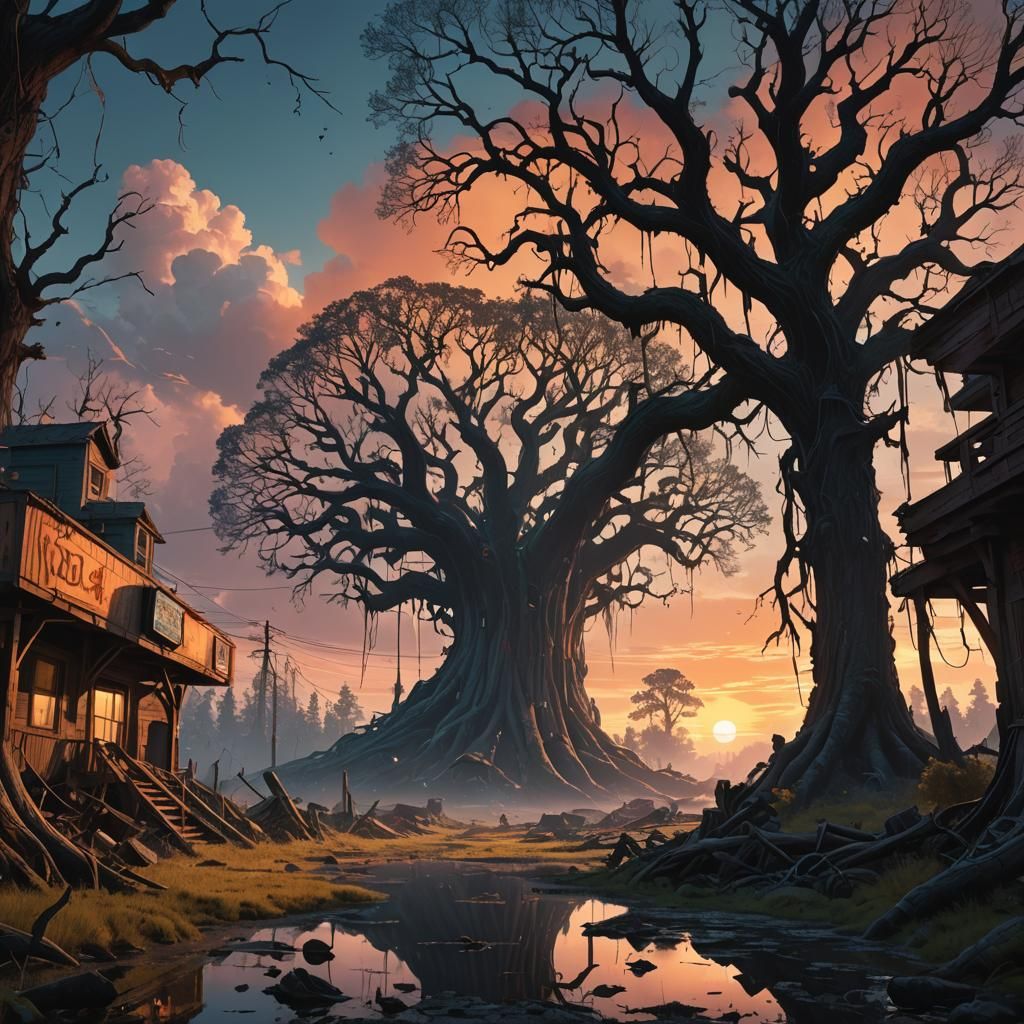 Fantastical World Collision at Sunset: Matte Painting