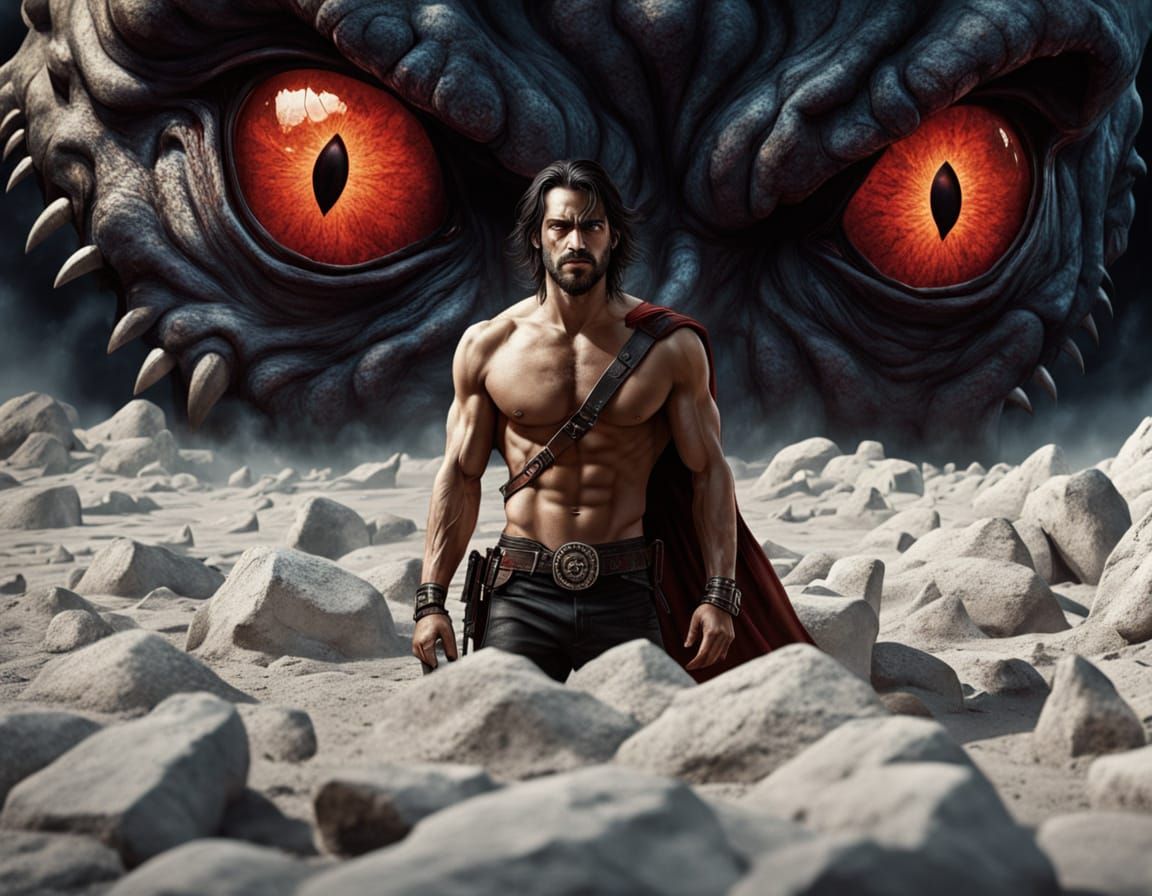 Gothic Hero Flees Giant Monster in Dark Cave