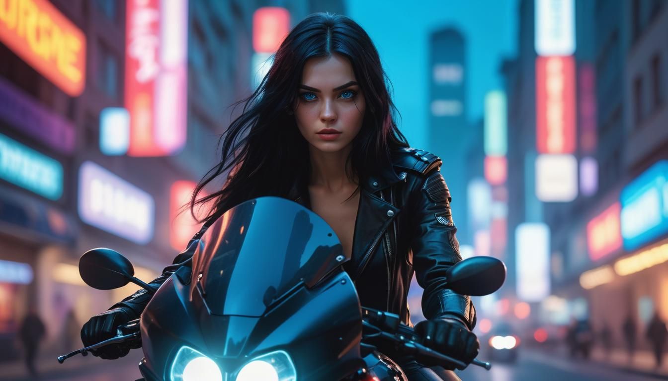 Romanian Biker Rides Motorcycle in Neon Cityscape