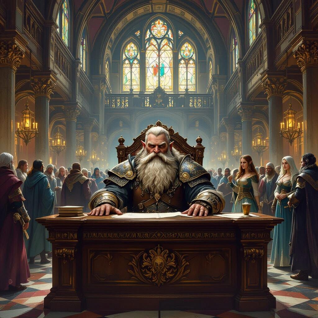 Grizzled Dwarf at Desk in Victorian Hall Oil Painting