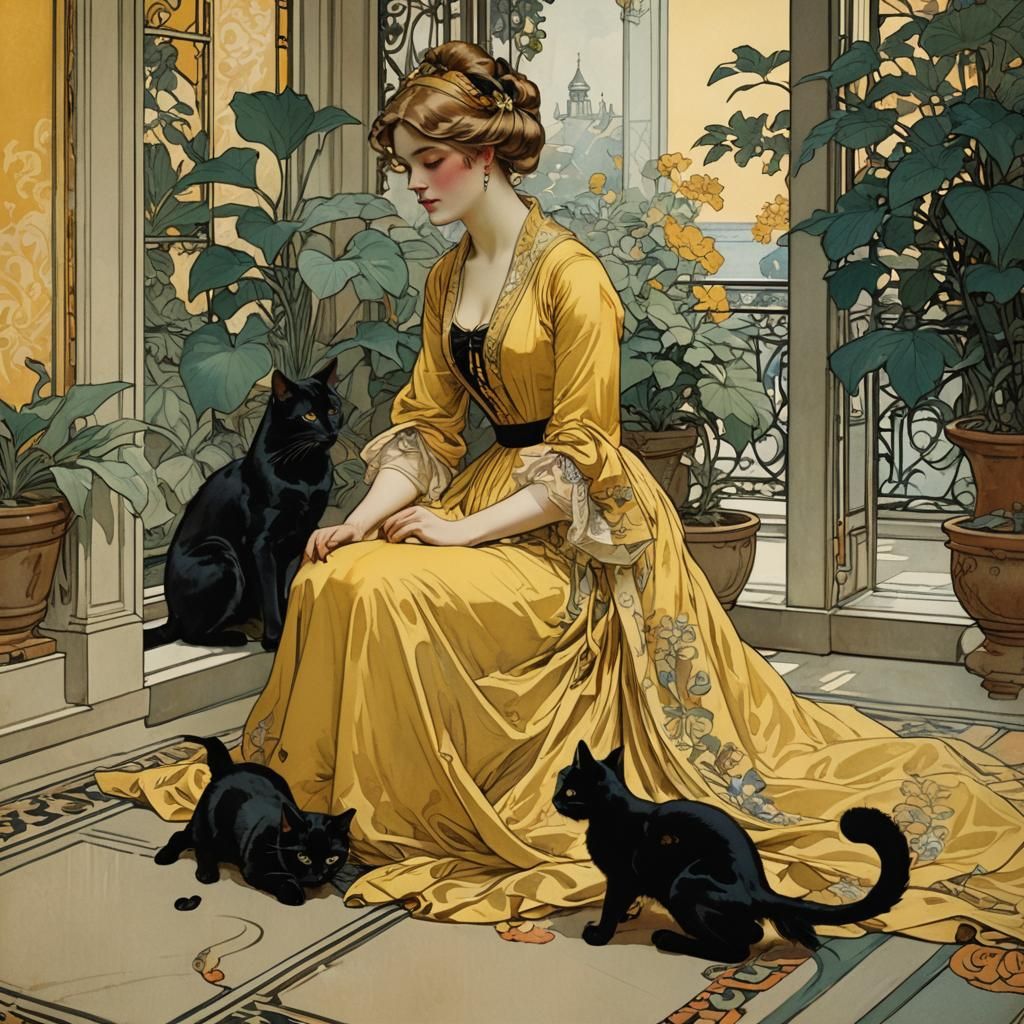 Woman in Yellow Gown with Cat, Art Nouveau Style