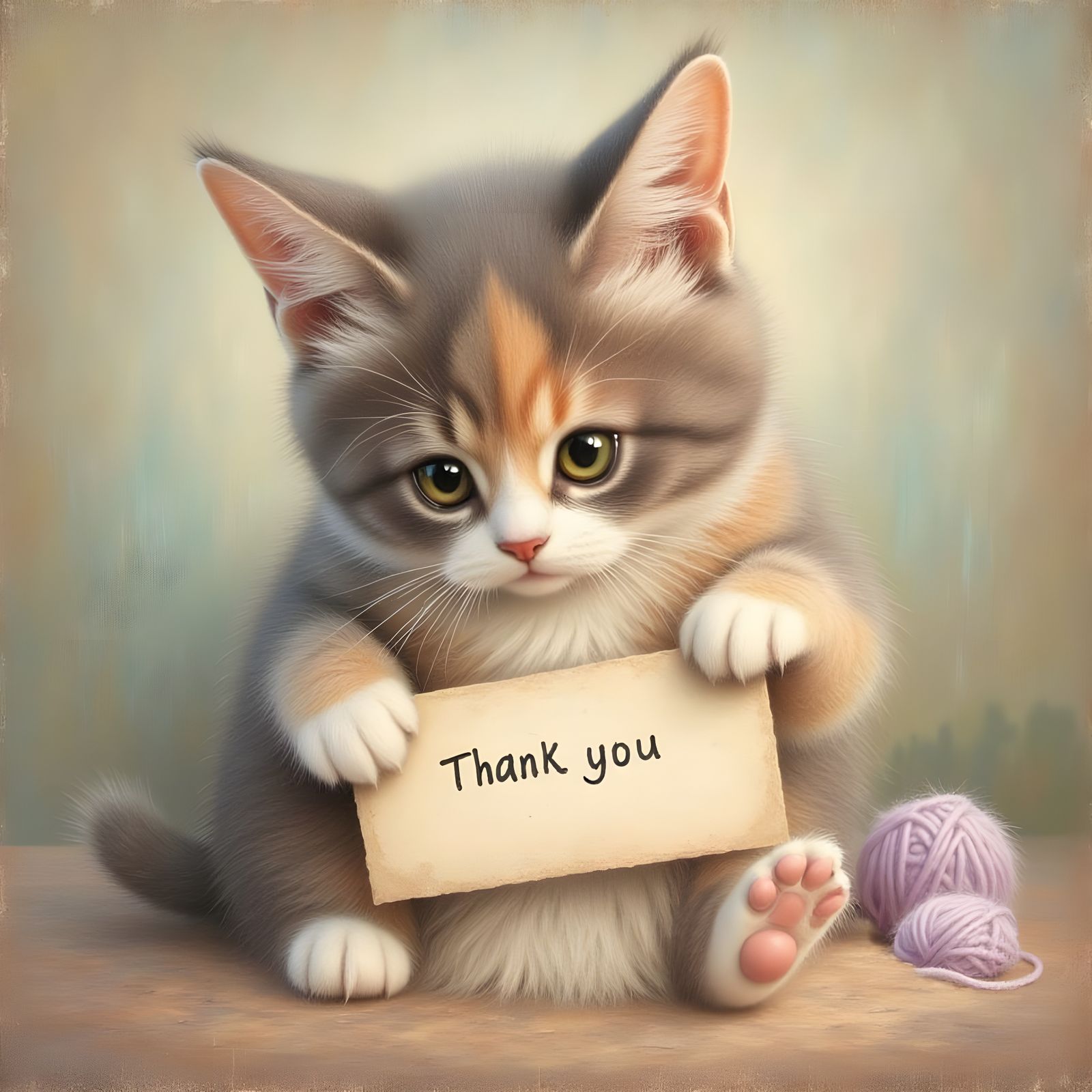 Whimsical Pearl Cat Holds 'Thank You' Card in Painterly Styl...