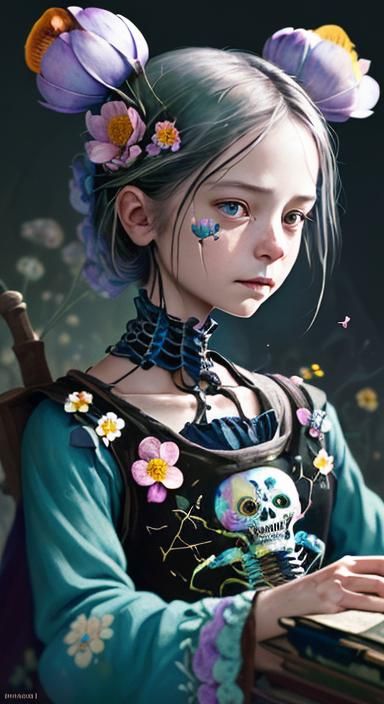 Cute Skeleton with Flowers: Fantasy Book Illustration
