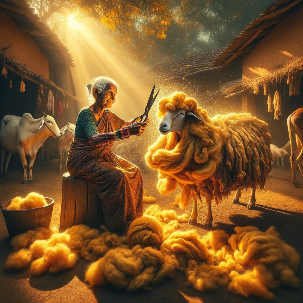 Golden Fleece Shearing in Rural India: Hyperrealistic Render...