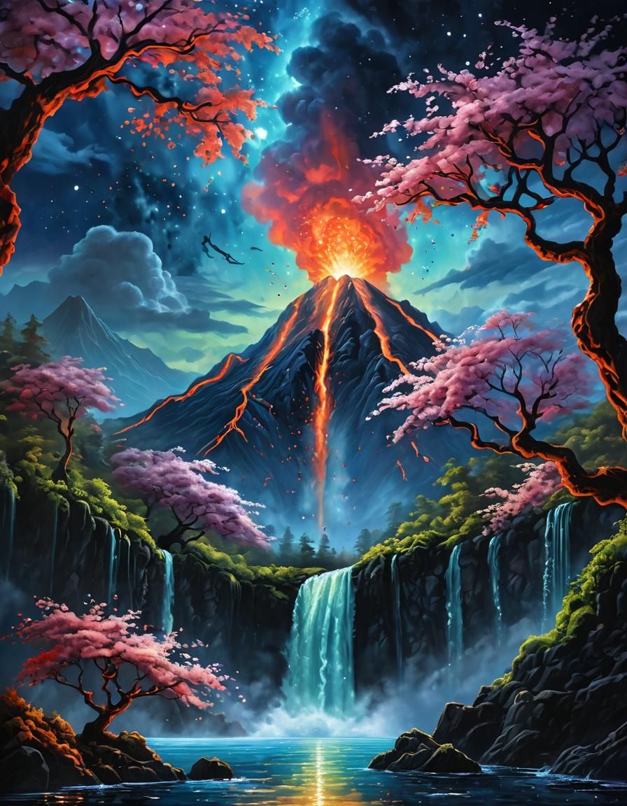 Underwater Volcano Oil Painting with Nebula Sky