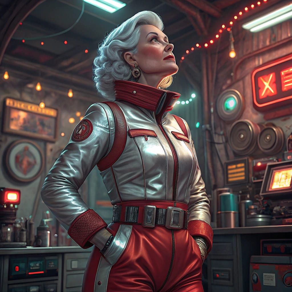 Retro Futuristic Mrs Claus in a Space Age Inspired Jumpsuit