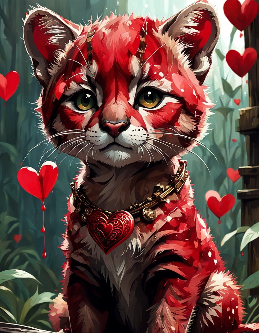 Adorable Baby Puma in Red Valentine's Day Digital Art