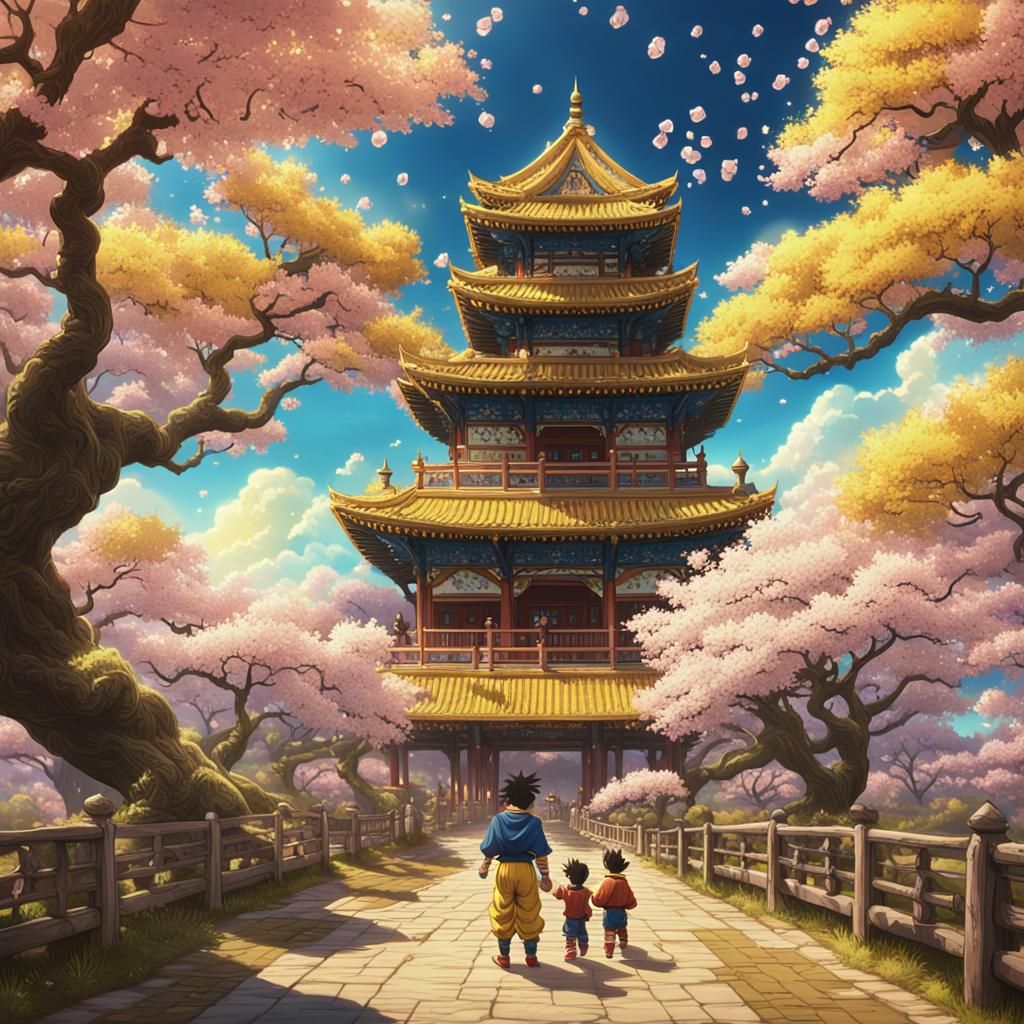 Akira Toriyama and Son Goku laughing playing cards in heaven with cherry trees in blossom and a yellow sky