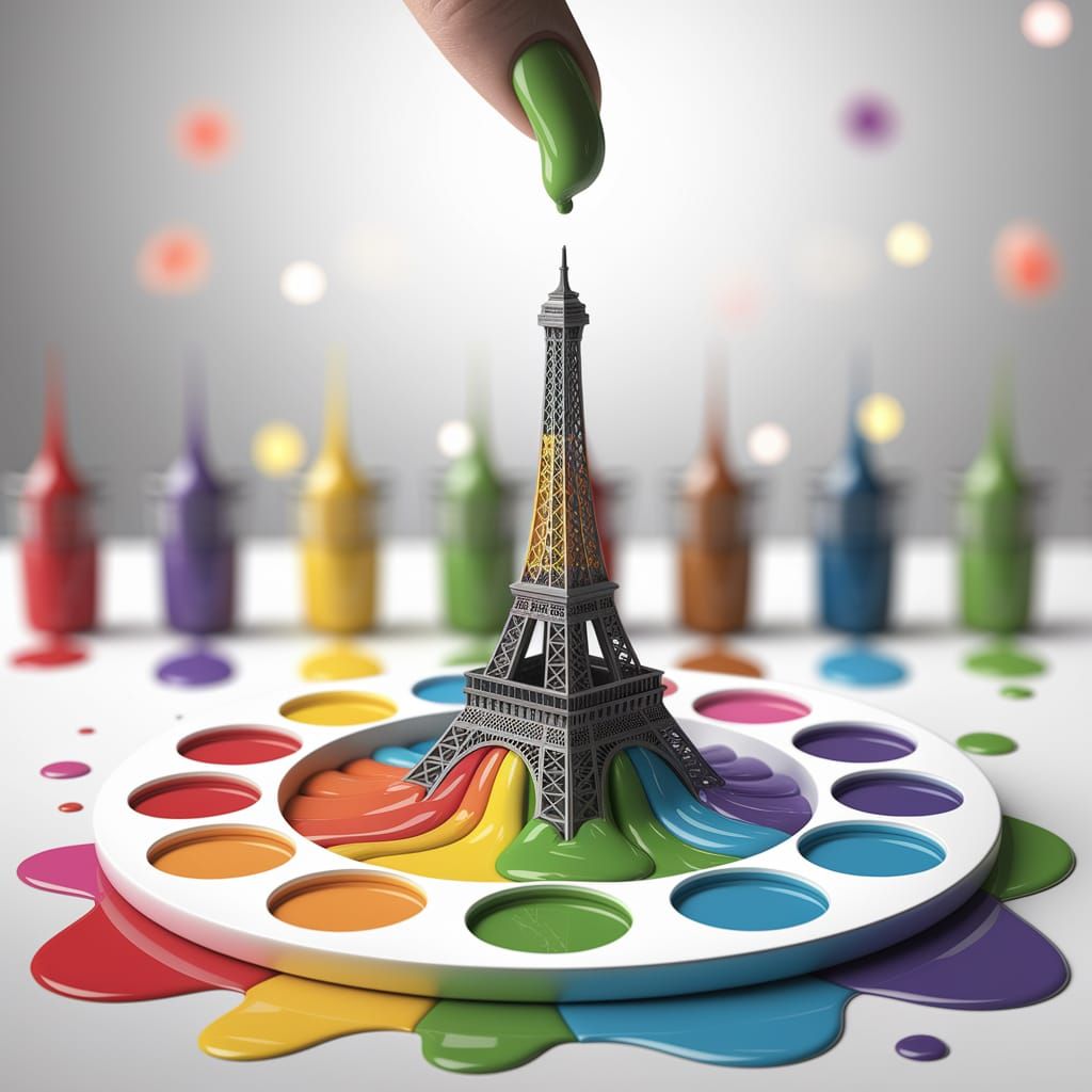 Green Paint Drop Connects to Rainbow Eiffel Tower