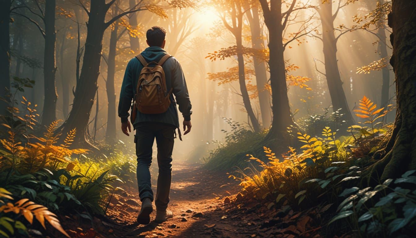 Person Walking in Vibrant Woods: Digital Art