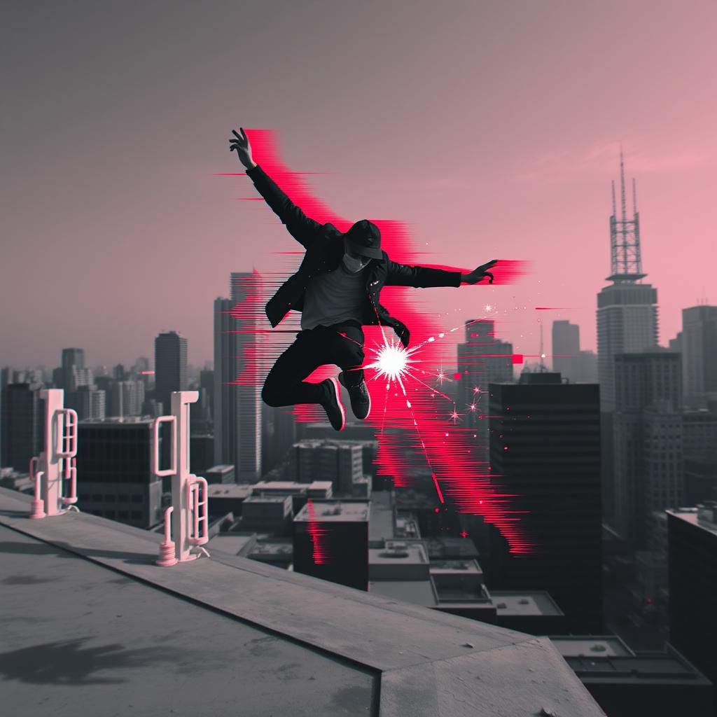 Parkour Athlete in Glitch Art Cityscape