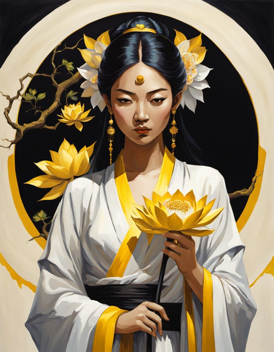 Gouache Epic of an Asian Priestess with a Black Lotus