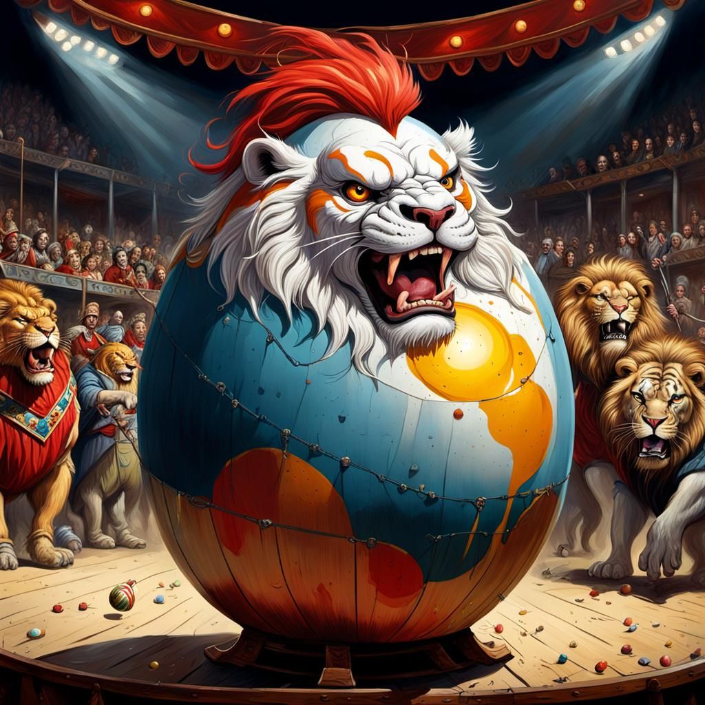 Angry Egg Lion Trainer in Hyperrealistic Style