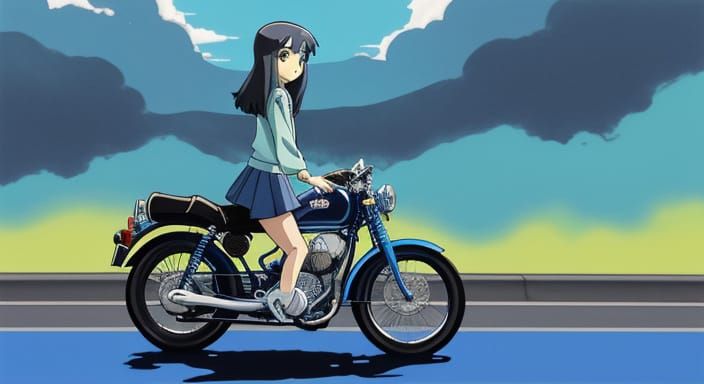 Ghibli Cartoon Girl on Blue Bike, Cel-Shaded Anime