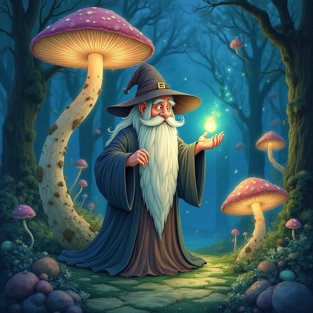 Enchanting Wizard in Glowing Mushroom Grove
