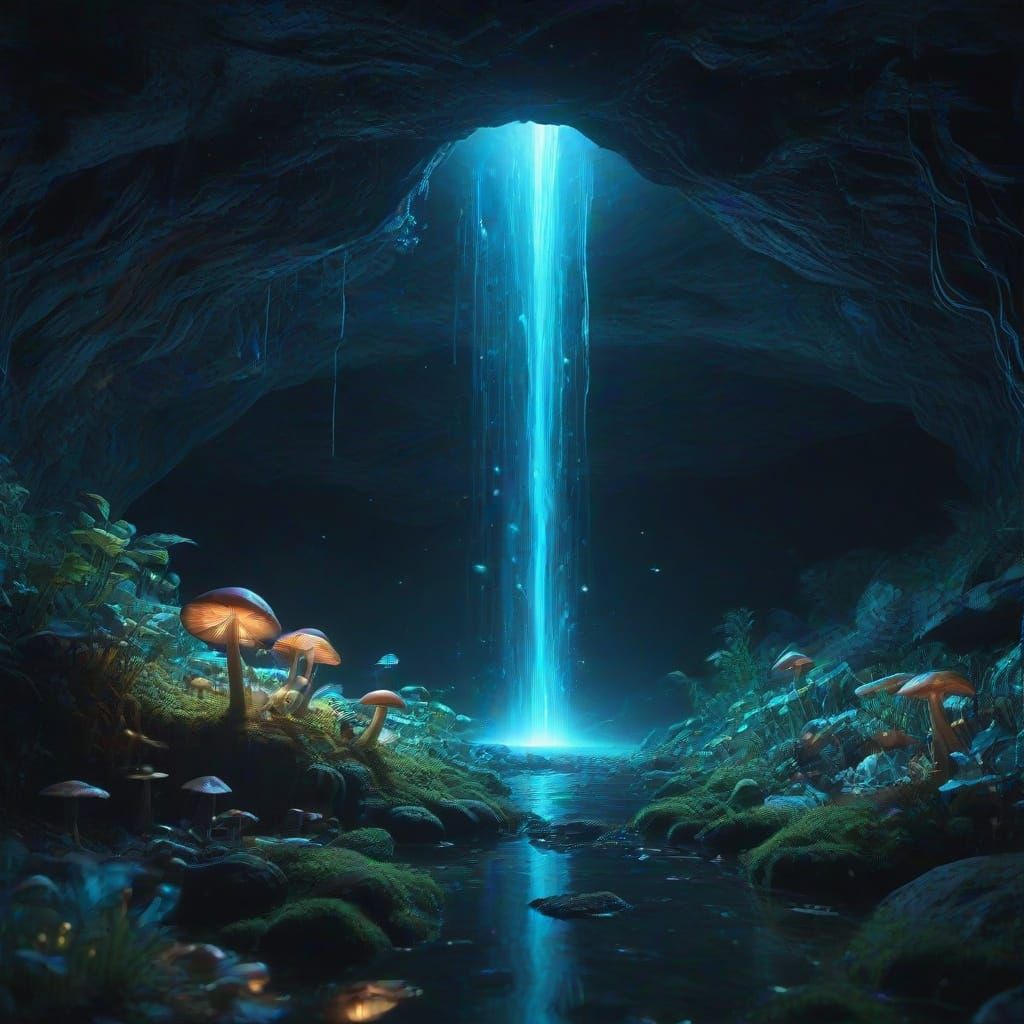 Bioluminescent Cave with Waterfall and Mushrooms