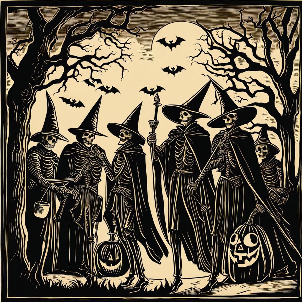 Halloween Party in Totentanz Woodcut Style