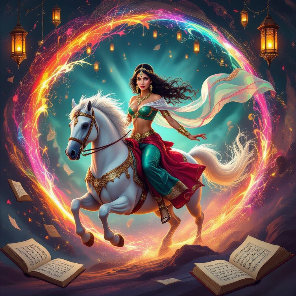 Scheherazade Rides Pegasus Through Magical Vortex