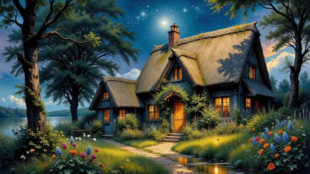 Vintage Cottage with Thatched Roof Digital Illustration