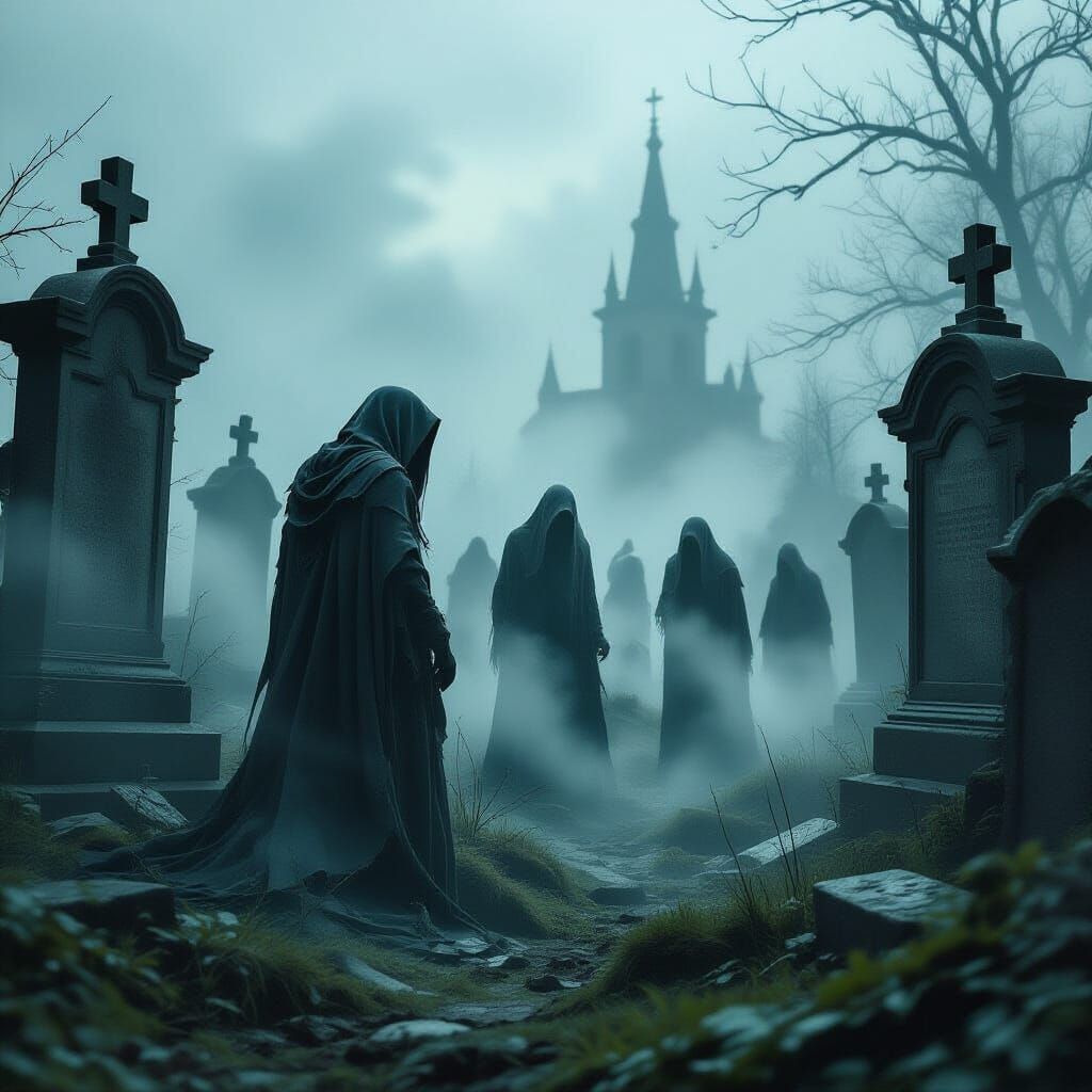 Ethereal Figures Emerge in Misty Cemetery, Dark Fantasy Art