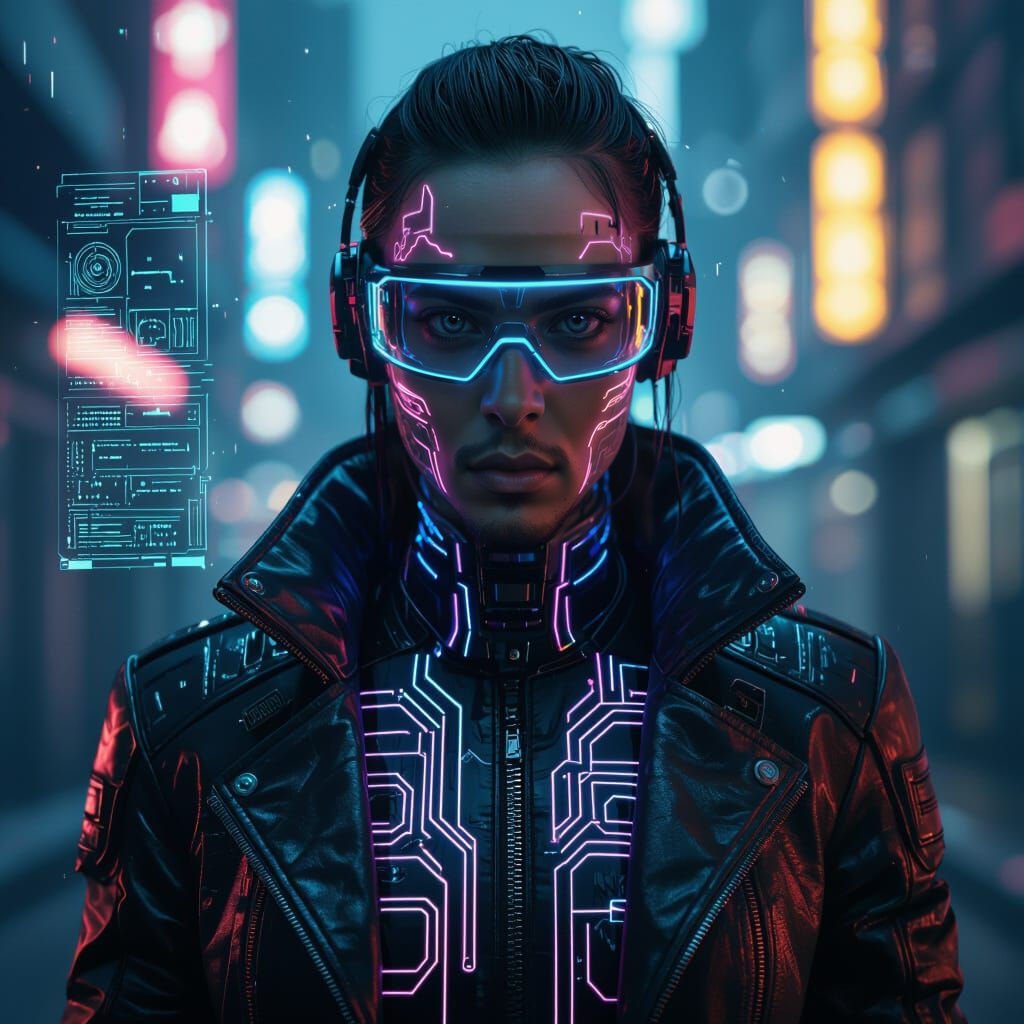 Cybernetic Human with Neon Tattoos in Dark Sci-Fi Style
