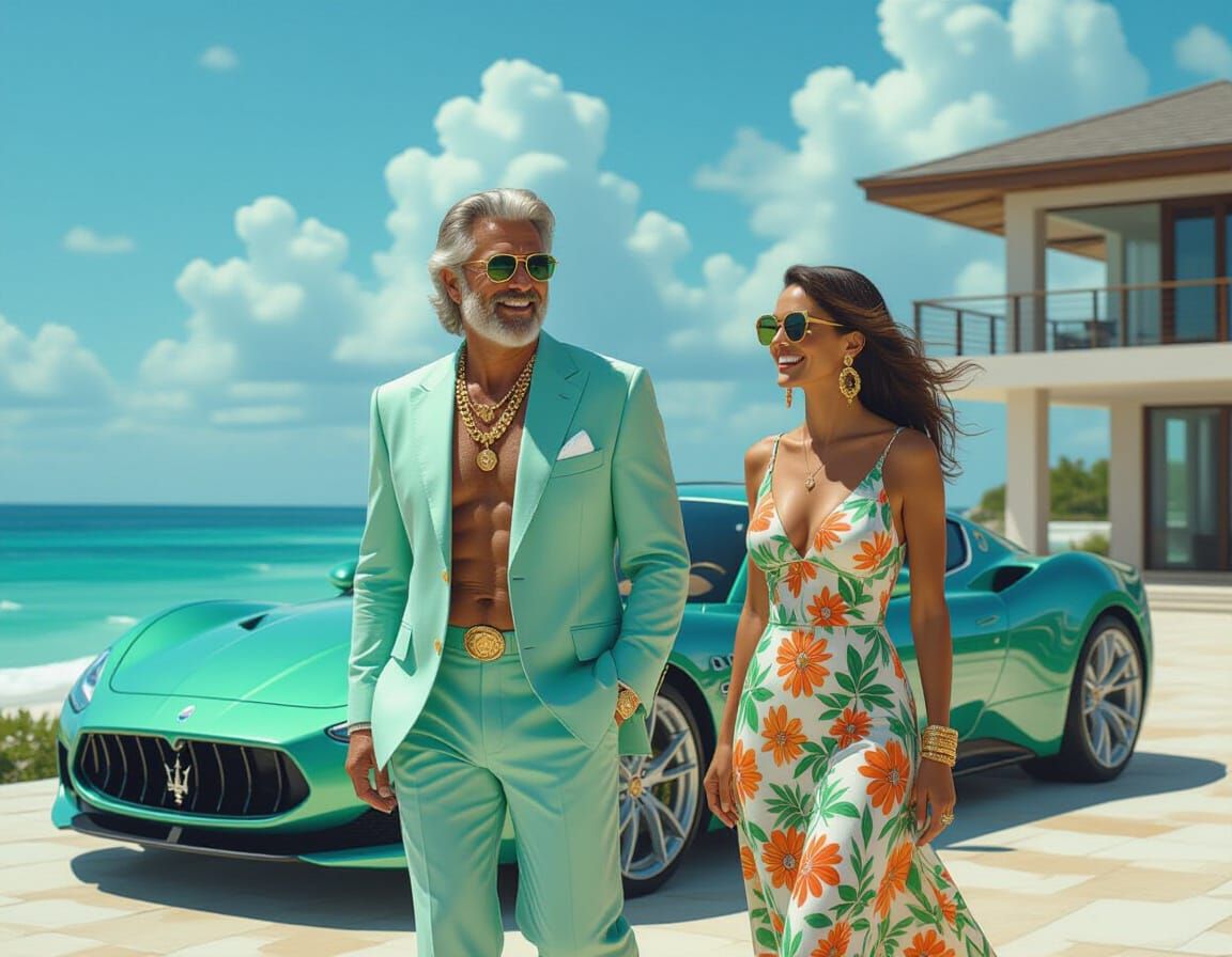 Stylish Couple Strolls Near Beach House in Hyperrealistic St...