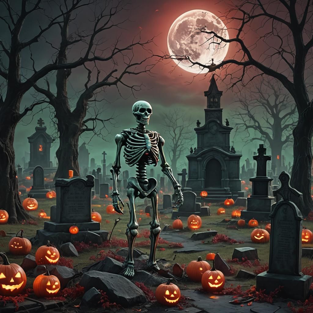 Transparent Snowman and Red Skeleton in Graveyard