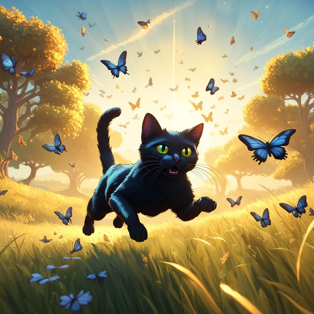 Black Cat Leaps for Butterfly in Golden Light