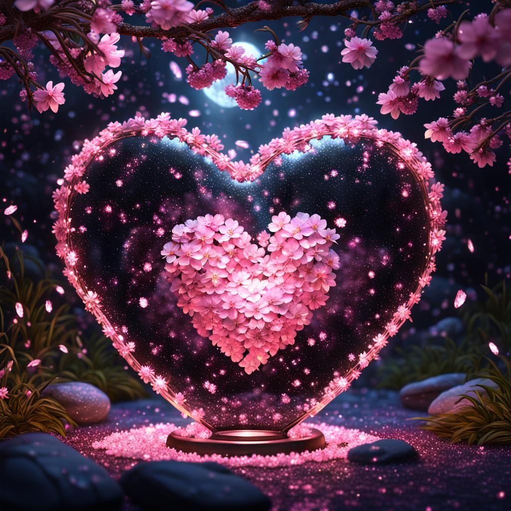Crystalline Heart with Cherry Blossom and Fireflies