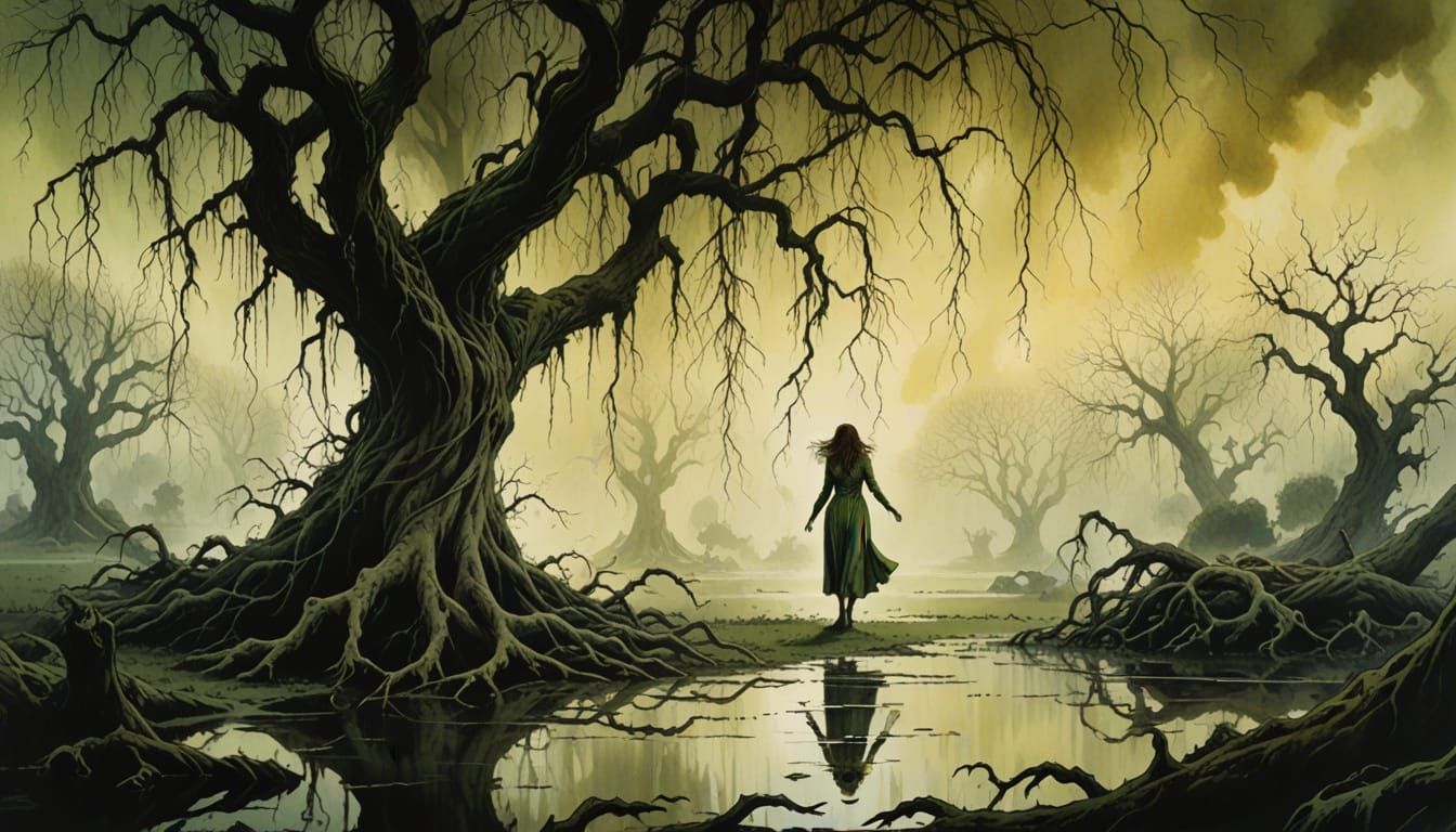 Eldritch Willow Tree: Woman Falls in Dark Fantasy Style