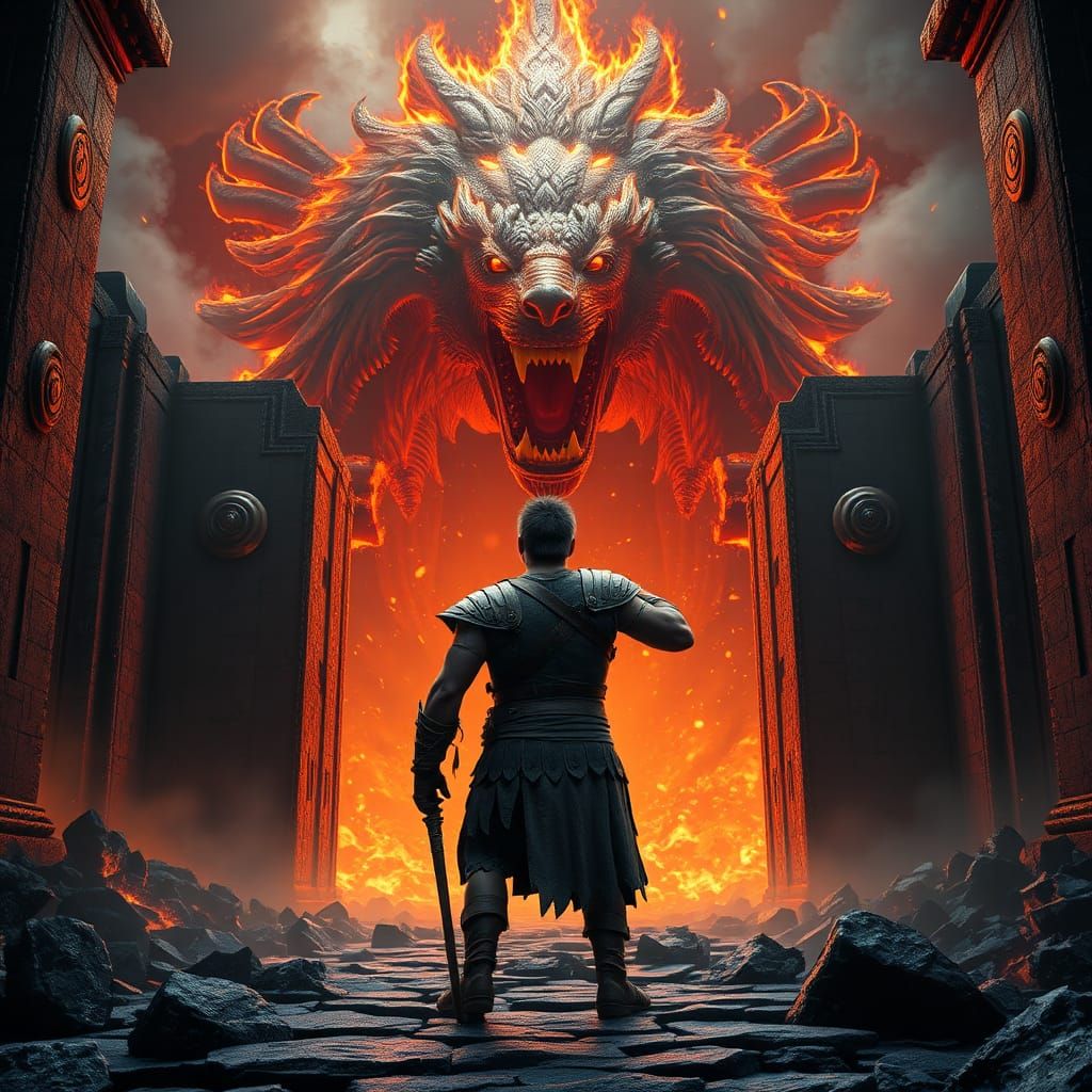 Hercules Confronts Cerberus at the Gates of Hell