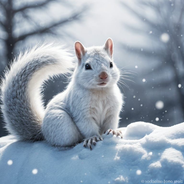 Snowy Tree Scene with a Majestic White Squirrel in Intricate...