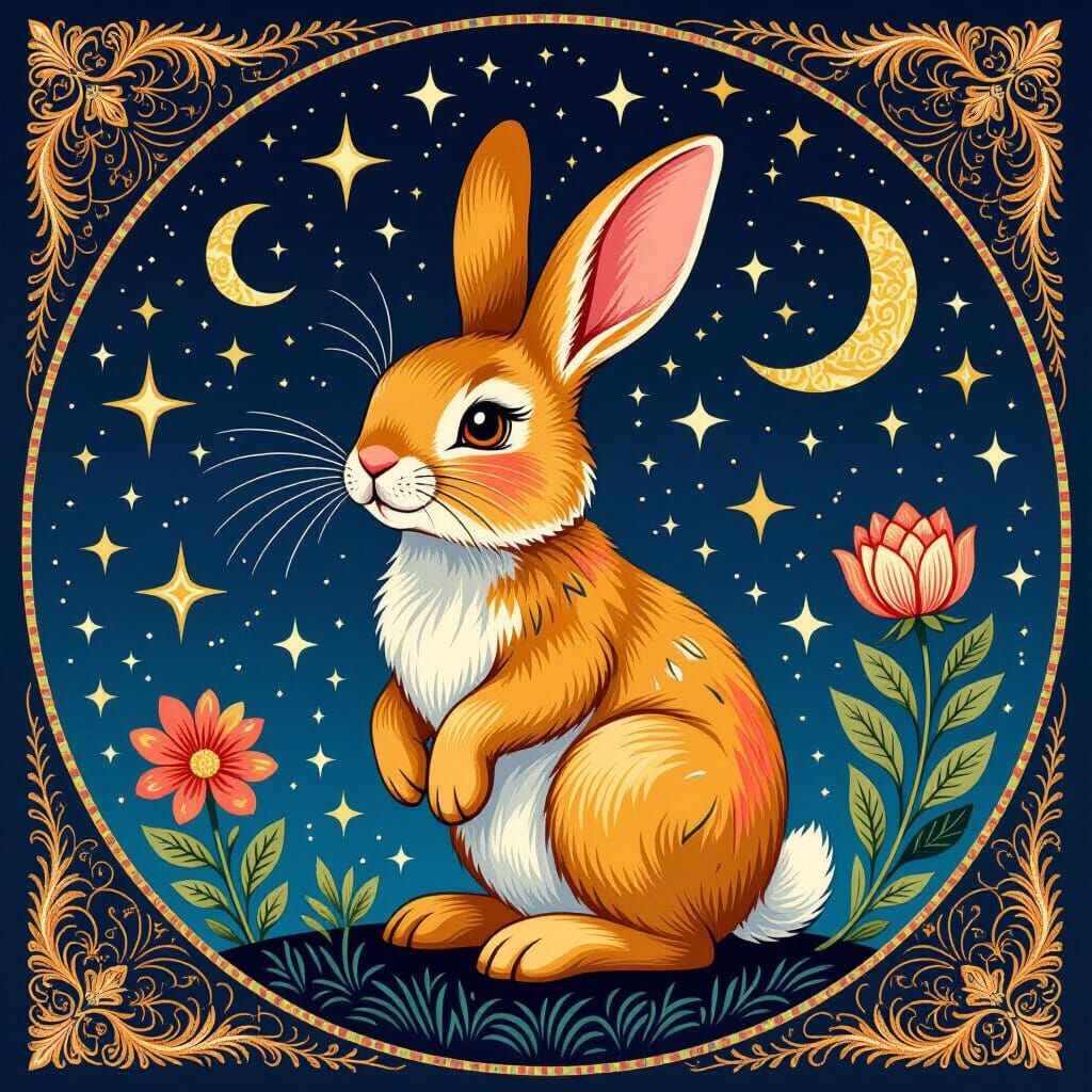 Cosmic Bunny Woodcut in Starry Night Sky