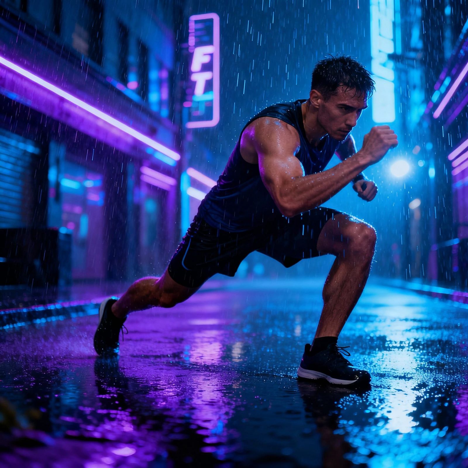 Cyberpunk Athlete Training in Neon Streets