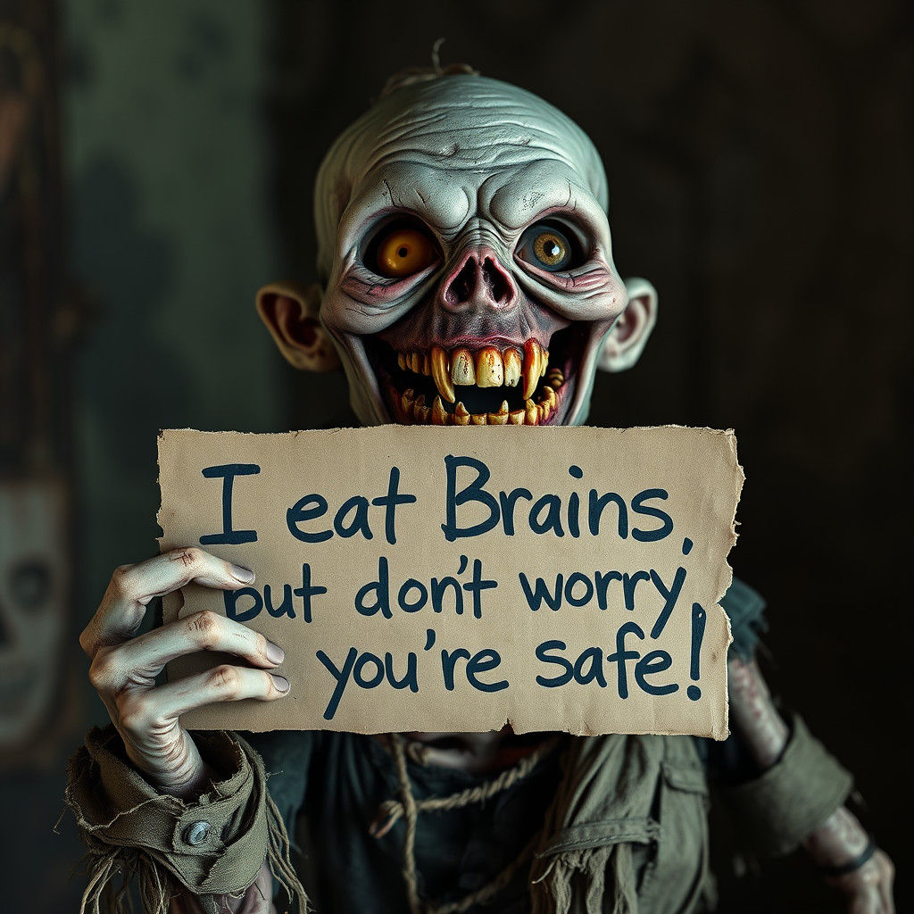 Charismatic Zombie with a Humorous Sign