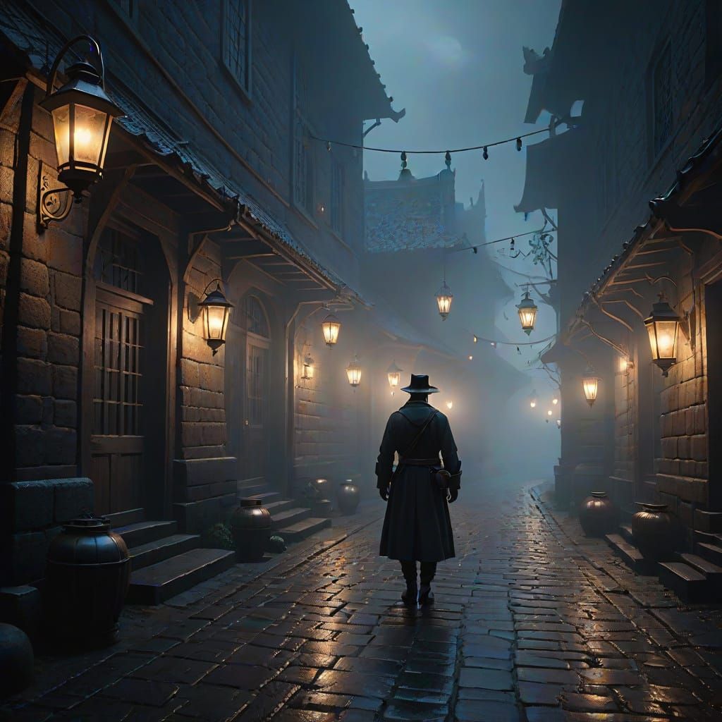 Mysterious Figure in Foggy Alleyway, High Contrast Cinematic...
