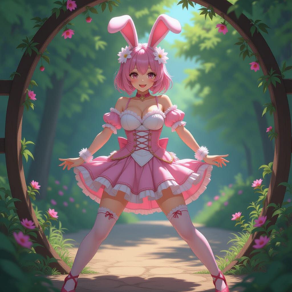 Woman in Bunny Costume with Datura Flowers, Anime Art