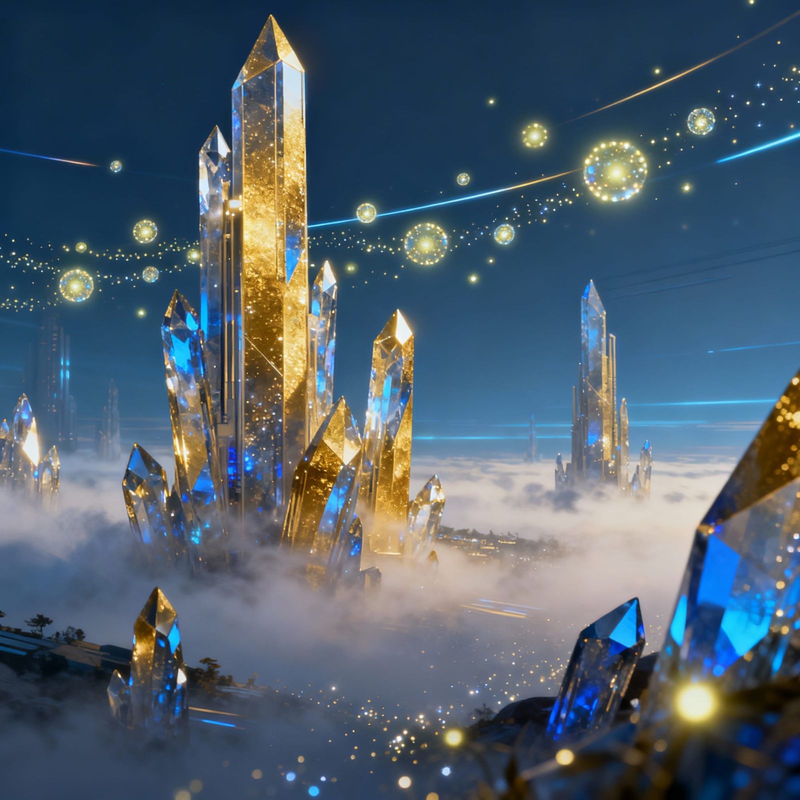 Futuristic Crystalline Landscape with Glowing Orbs