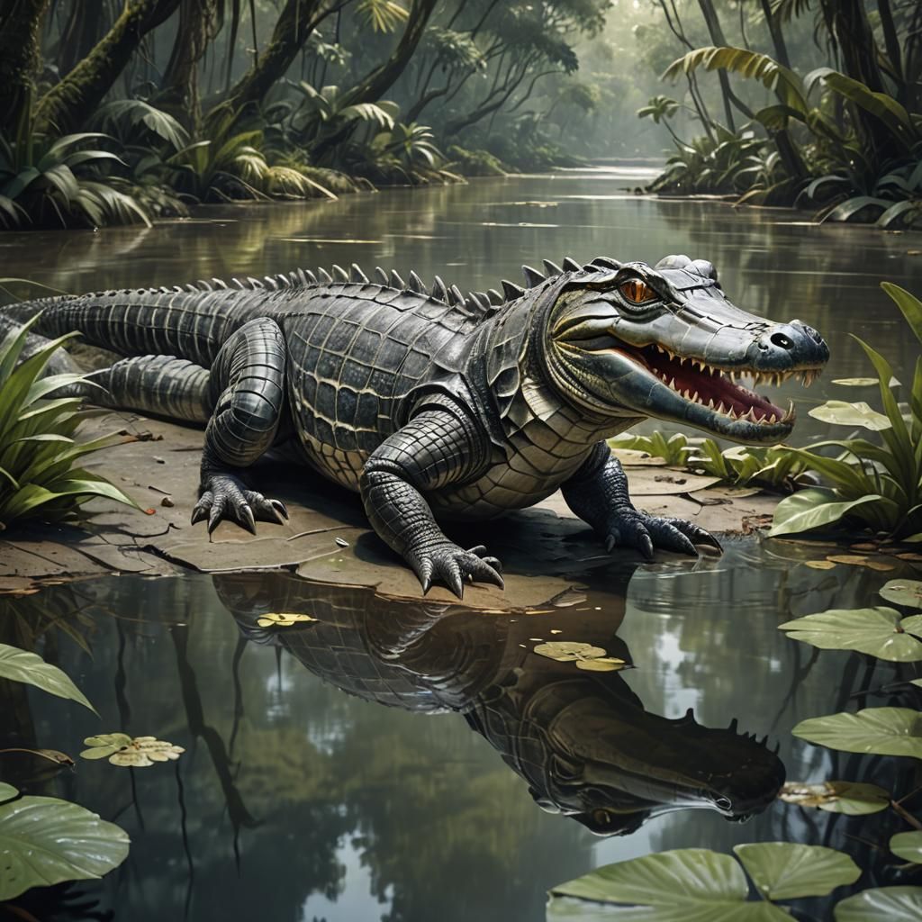 Alligator in Dense Jungle: Detailed Matte Painting