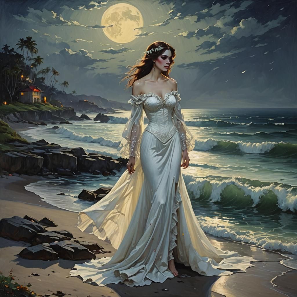 Vampire Woman and Mermaid in Moonlight, Oil Painting