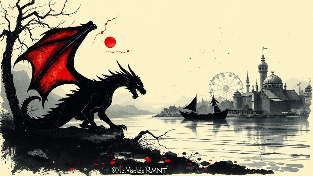 Dragon Silhouette in Steampunk Ink Painting