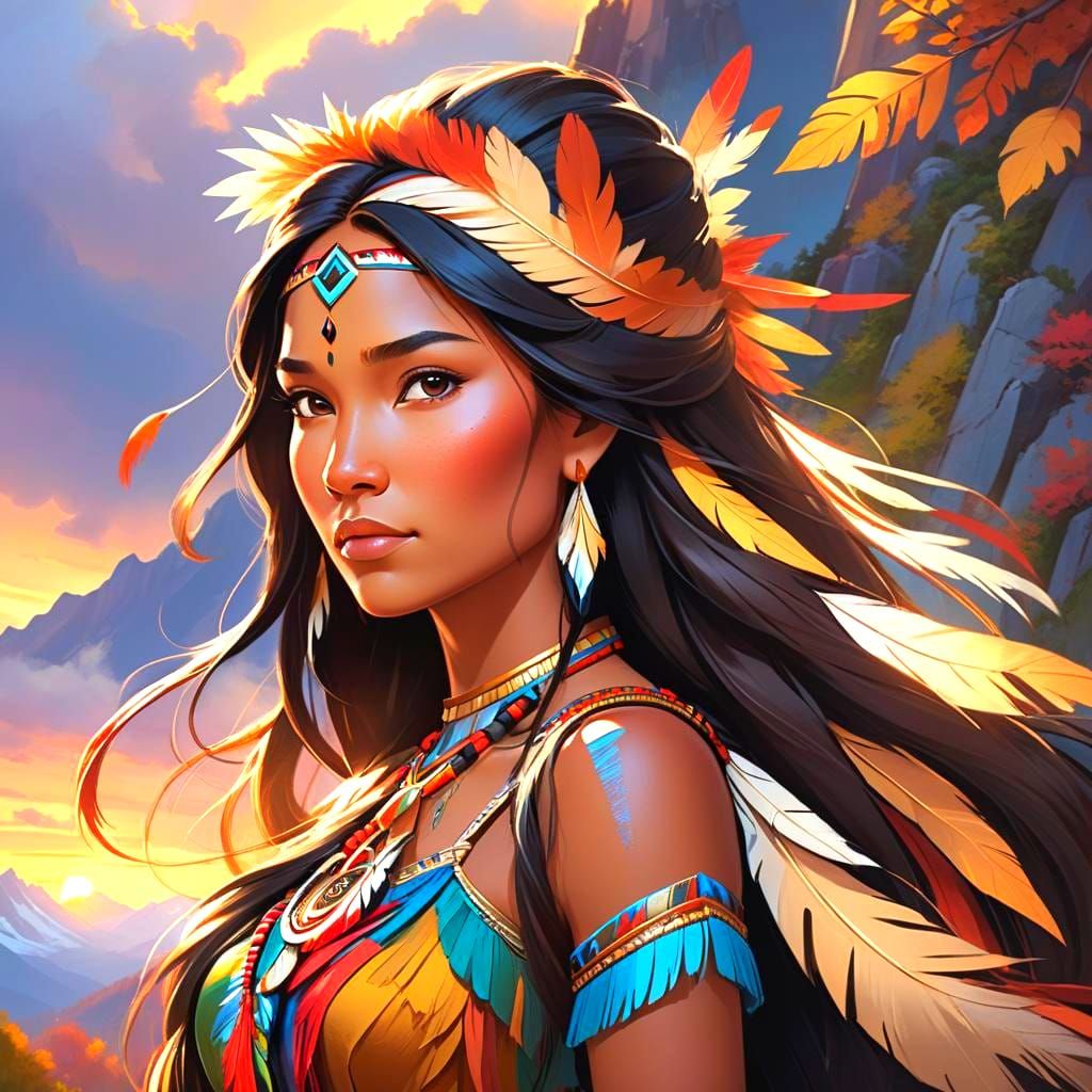 Pocahontas Portrait on Mountain Top, Hyperdetailed Art