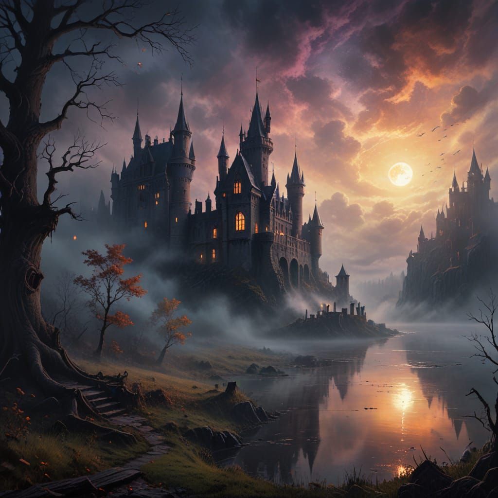 Ethereal Castle Emerges from Mist: Dark Fantasy Oil Painting