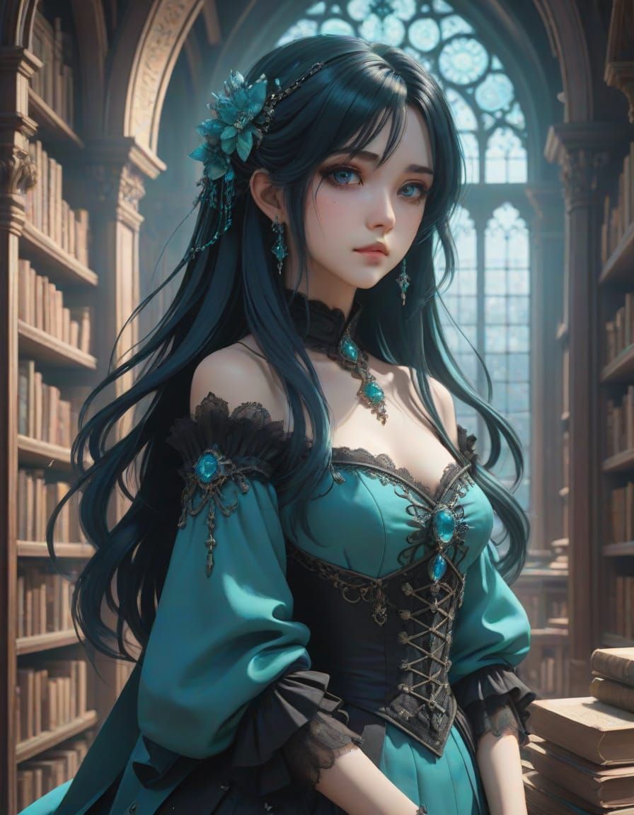 Gothic Anime Woman in Dilapidated Library