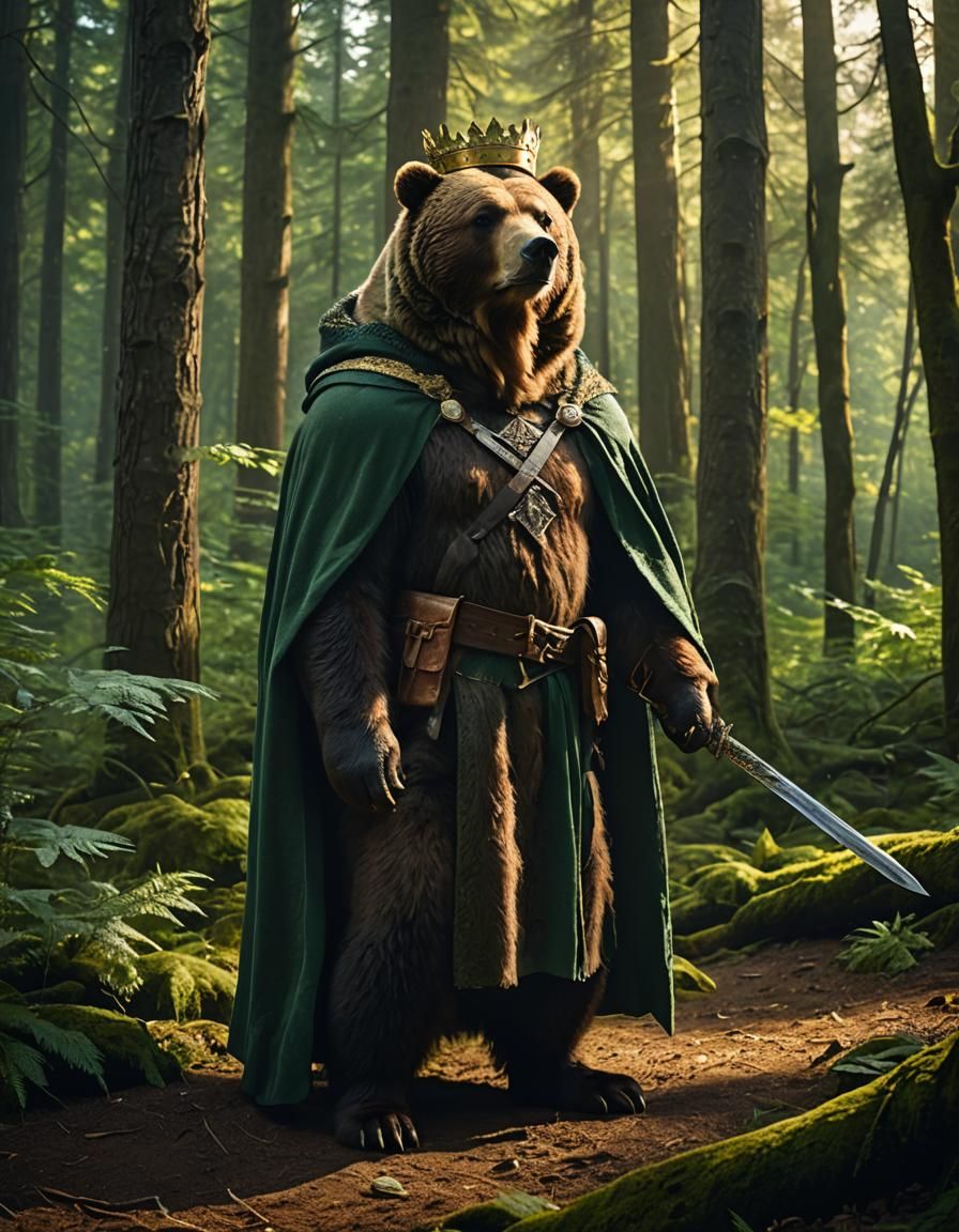 Crowned Bear in Forest Cape, Cinematic Still