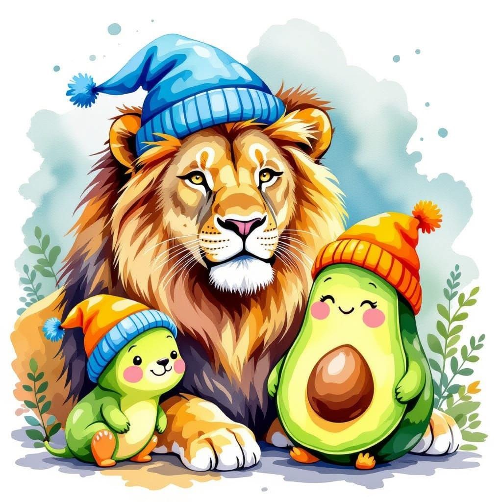 Lion and Avocado Family in Watercolor Style