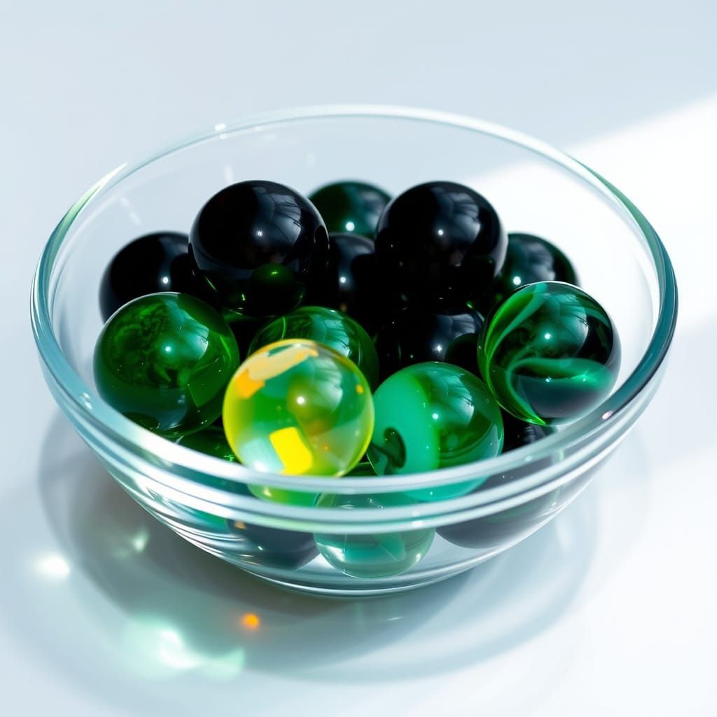 Green and Black Marbles in Glass Bowl Still Life
