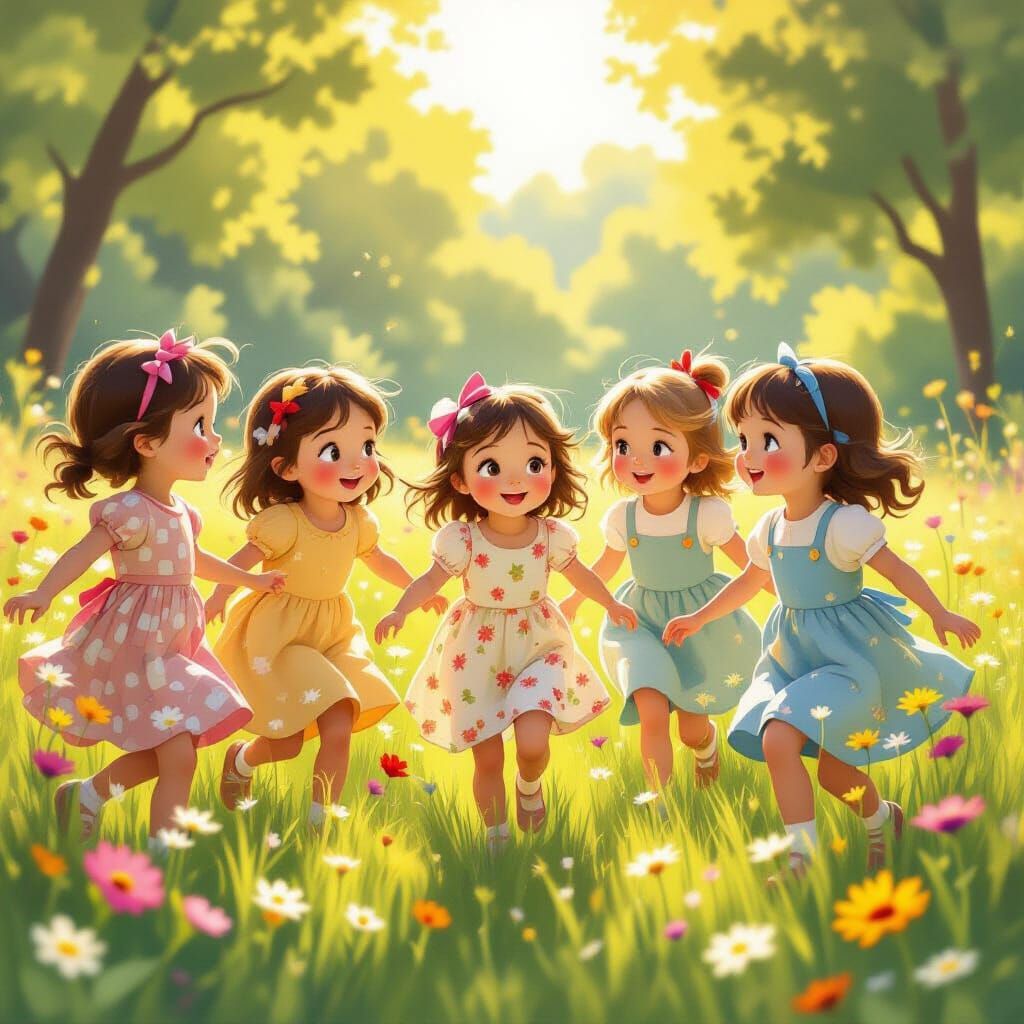 Cheerful Girls Playing in Sunlit Wildflower Meadow